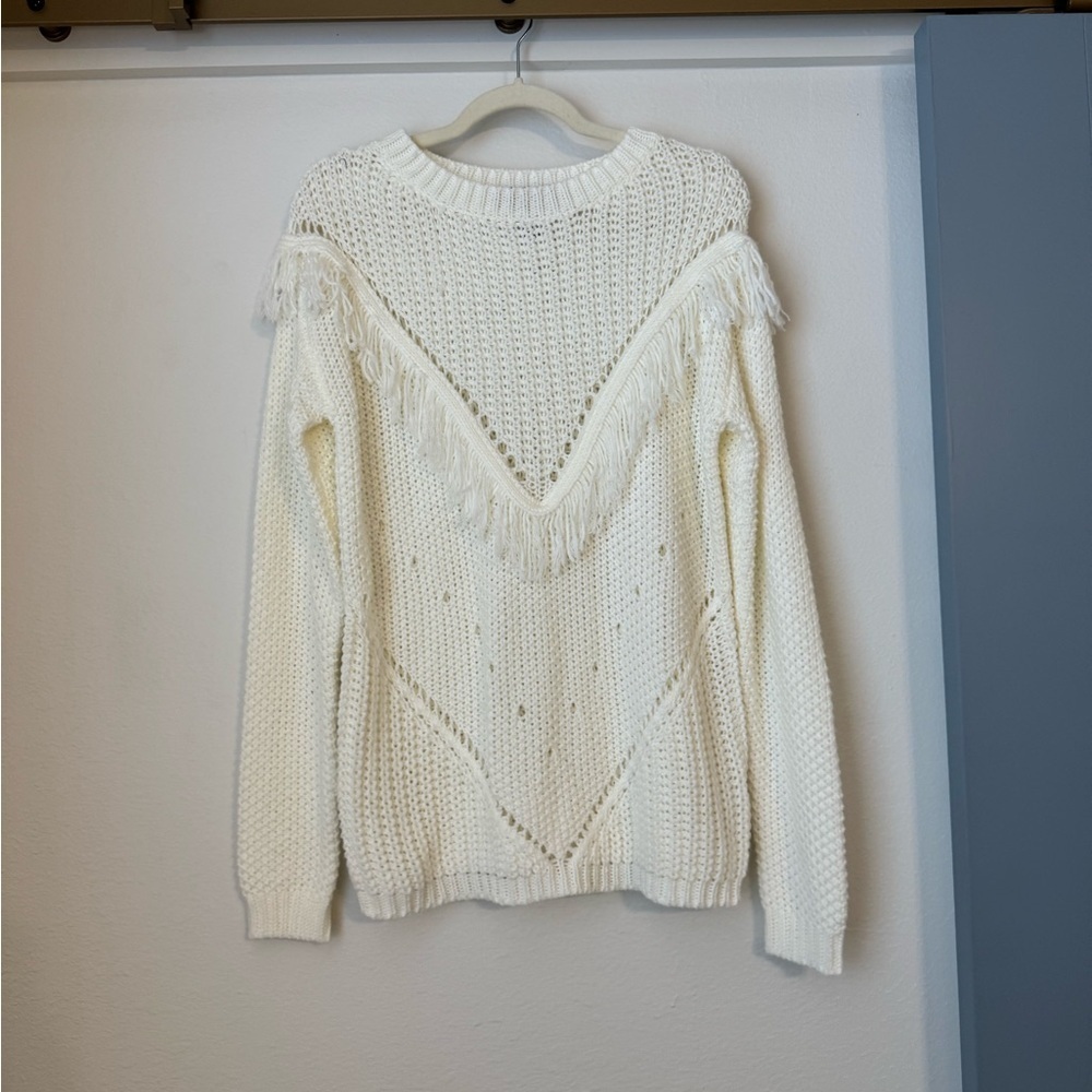 Women’s White Fringe Chunky Knit Oversized Sweater- Medium